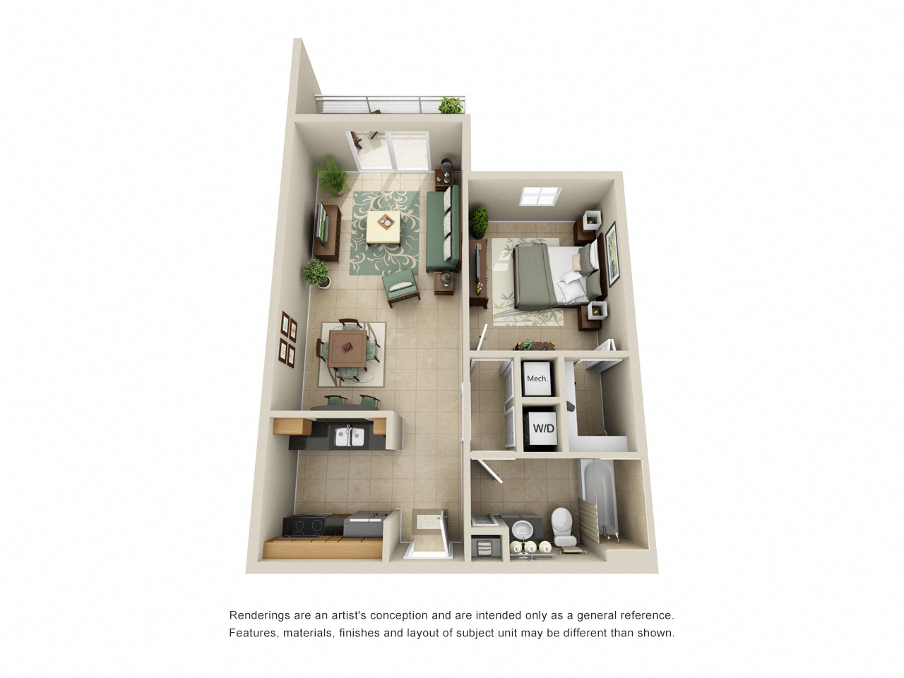 Floor plan for 1 bed, 1 bath, 793 sqft